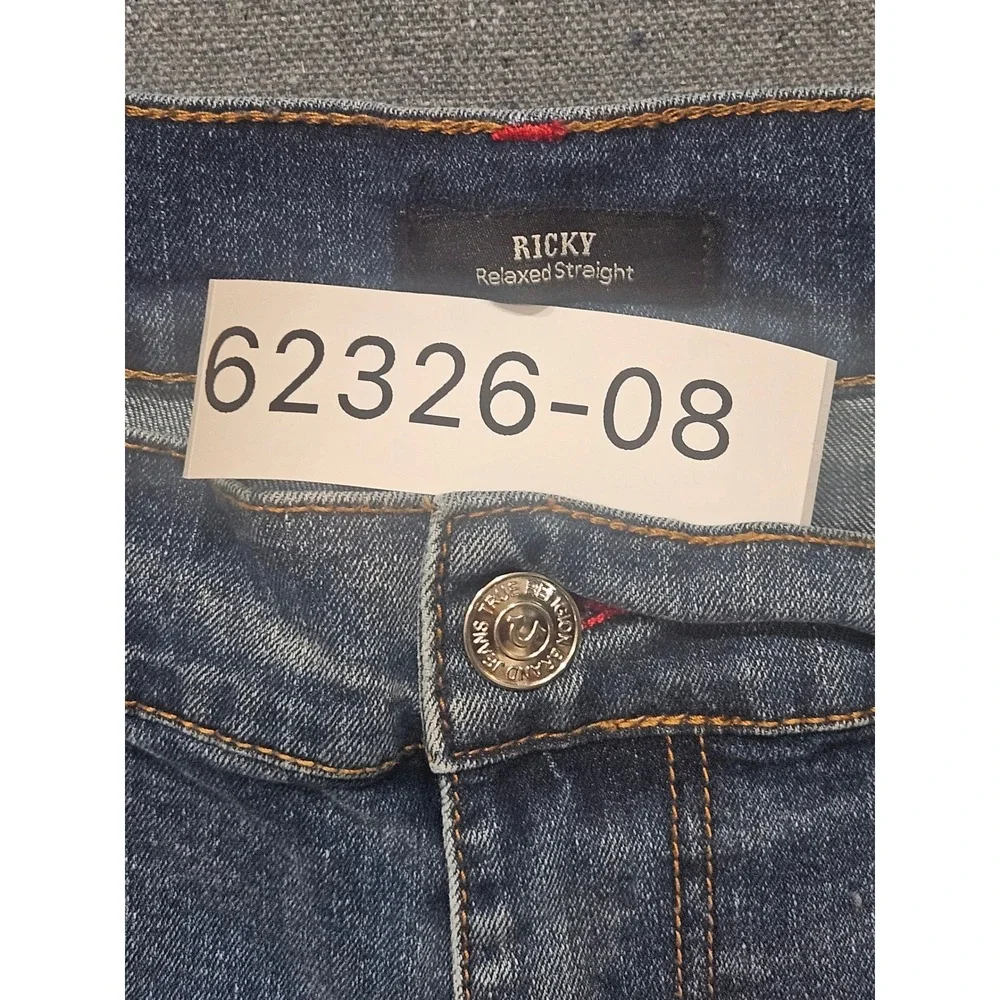 True Religion Ricky Relaxed Straight Jeans Mens 40 Medium Wash Blue Red Stitch